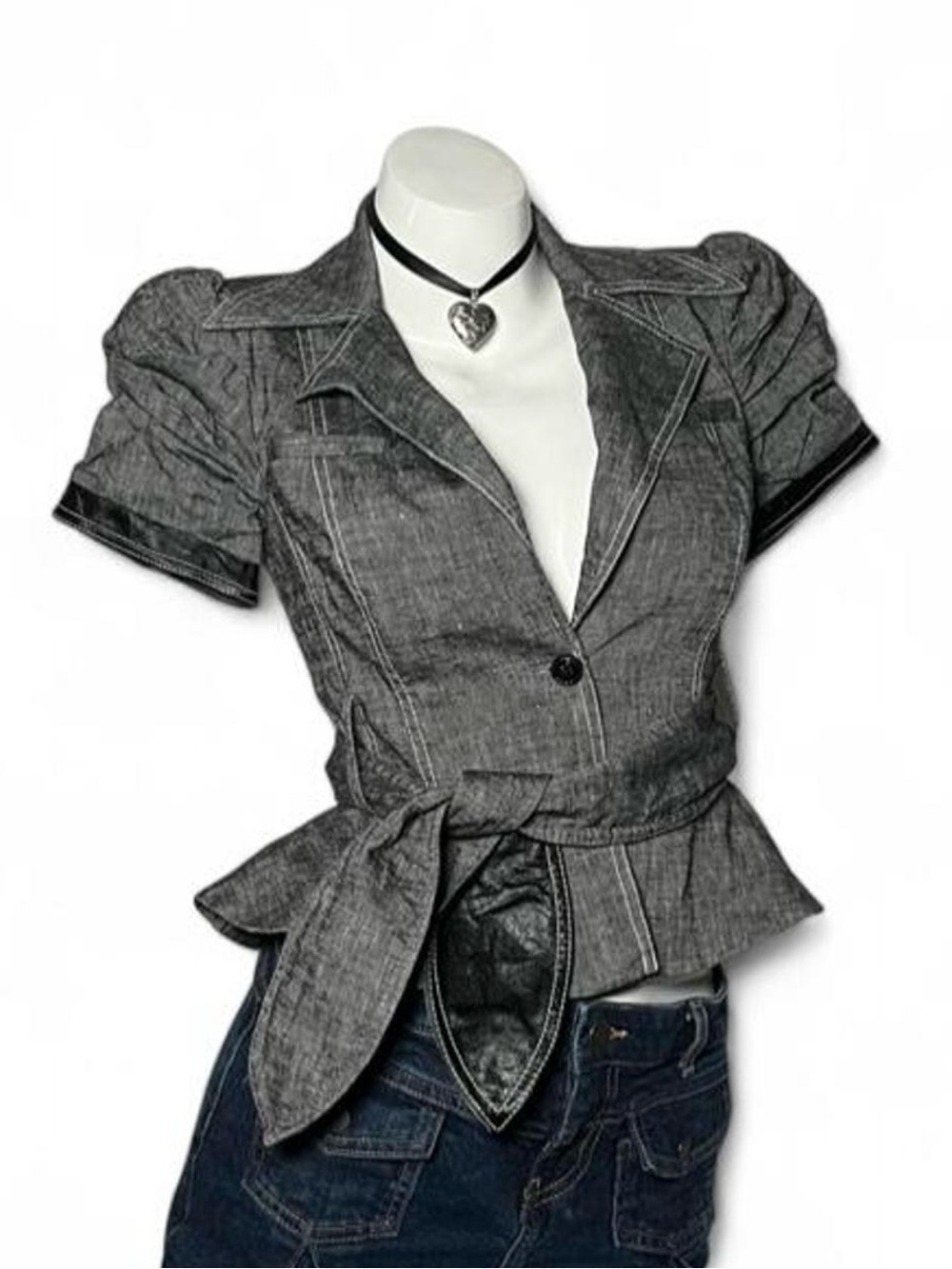 Bebe Gray Short-Sleeve Peplum Blazer Jacket Button Up Women's Top